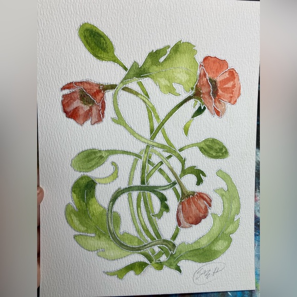 Original Poppies floral watercolor painting handmade artwork nouveau decor EAEH - Picture 5 of 9